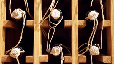 زجاجات البروكلي المصنوعة محليًا ، والتي يجب عدم الخلط بينها وبين الديباج ، توجد على رف النبيذ في جنوب كرواتيا